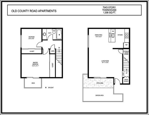 Floor plan for 2 beds, 1 bath, 1008 sqft